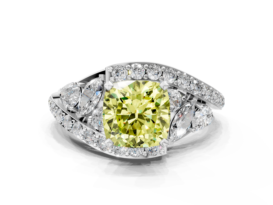 White gold Fancy Yellow Cushion  Diamond Halo Ring with Marquise and Pavé Band in Prong Setting_64