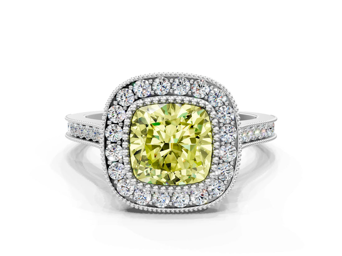 White gold Fancy Yellow Cushion  Diamond Halo Ring with Milgrain Frame and Pavé Band_71