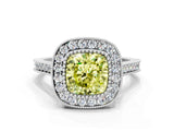 White gold Fancy Yellow Cushion  Diamond Halo Ring with Milgrain Frame and Pavé Band_71