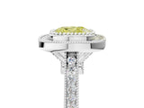 White gold Fancy Yellow Cushion  Diamond Halo Ring with Milgrain Frame and Pavé Band_76