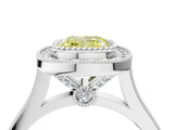 White gold Fancy Yellow Cushion  Diamond Halo Ring with Milgrain Frame and Pavé Band_76