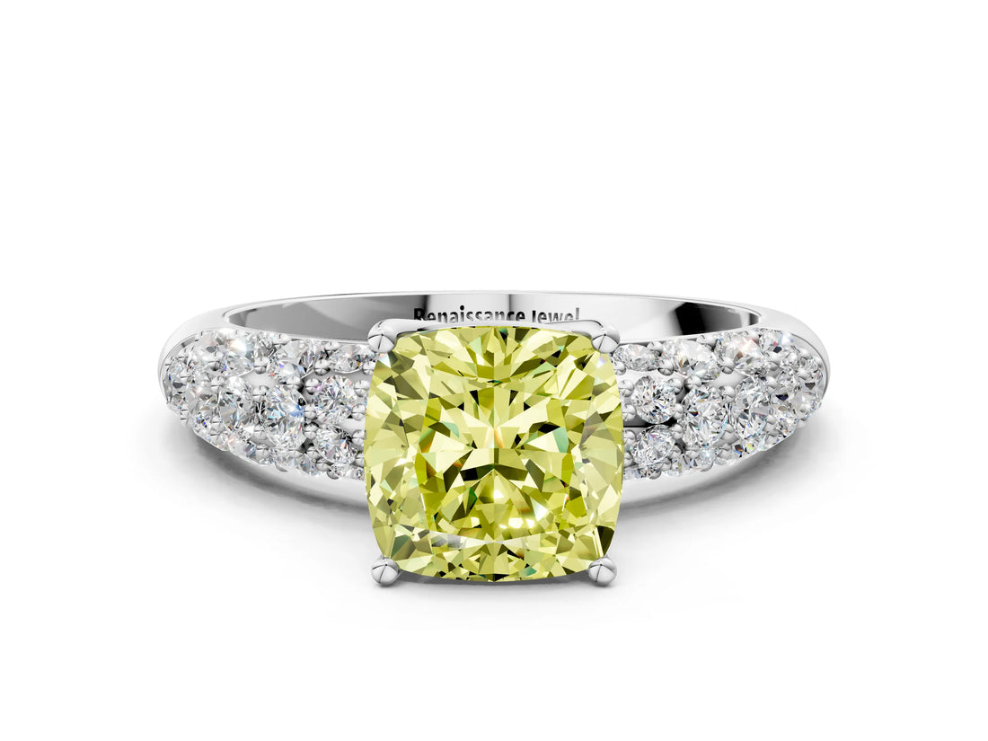 White gold Fancy Yellow Cushion  Diamond Pavé Band Solitaire Ring with Four-Prong Setting_49