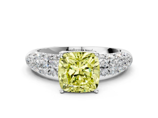 Platinum Fancy Yellow Cushion  Diamond Pavé Band Solitaire Ring with Four-Prong Setting