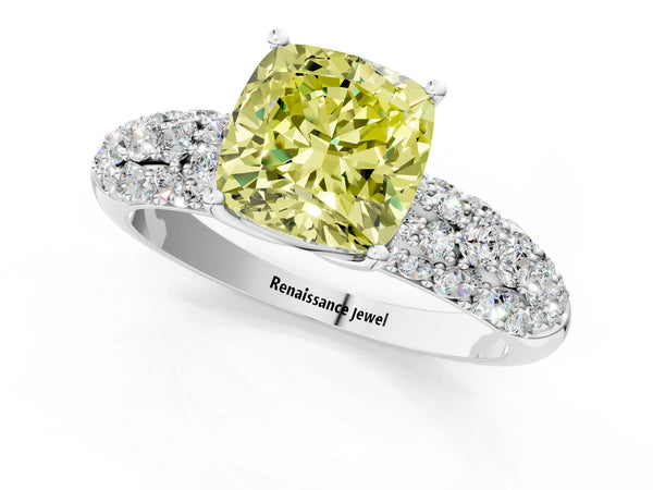 Platinum Fancy Yellow Cushion  Diamond Pavé Band Solitaire Ring with Four-Prong Setting