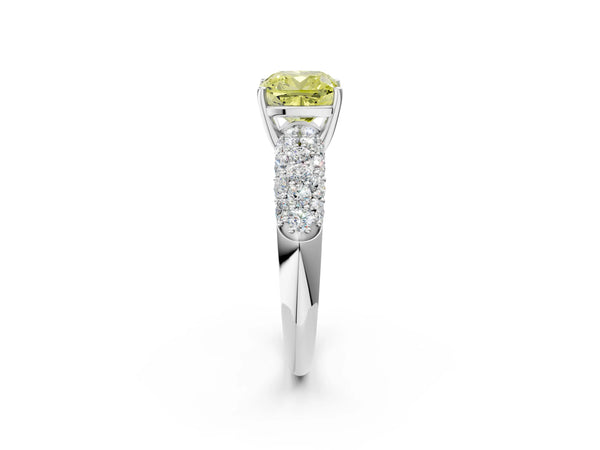 Platinum Fancy Yellow Cushion  Diamond Pavé Band Solitaire Ring with Four-Prong Setting