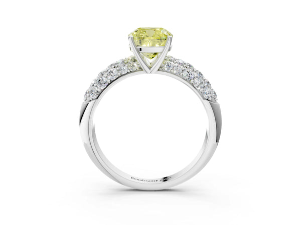 Platinum Fancy Yellow Cushion  Diamond Pavé Band Solitaire Ring with Four-Prong Setting