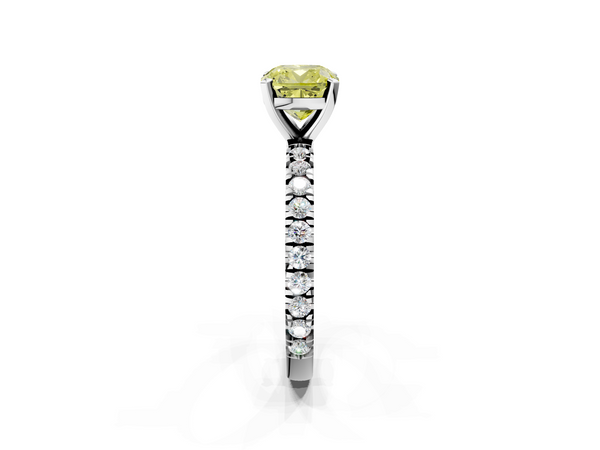 Platinum Fancy Yellow Cushion  Diamond Pavé Band Solitaire with Four-Prong Setting