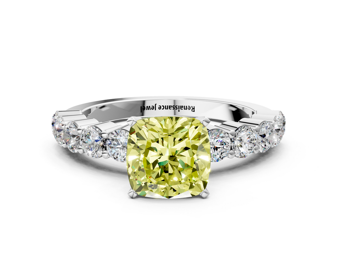 White gold Fancy Yellow Cushion  Diamond Pavé Band Solitaire with Four-Prong Setting_3