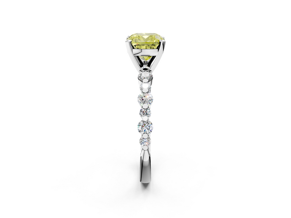 White gold Fancy Yellow Cushion Cut Diamond Prong Set Engagement Ring with Pavé Band