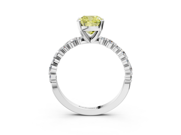 White gold Fancy Yellow Cushion Cut Diamond Prong Set Engagement Ring with Pavé Band