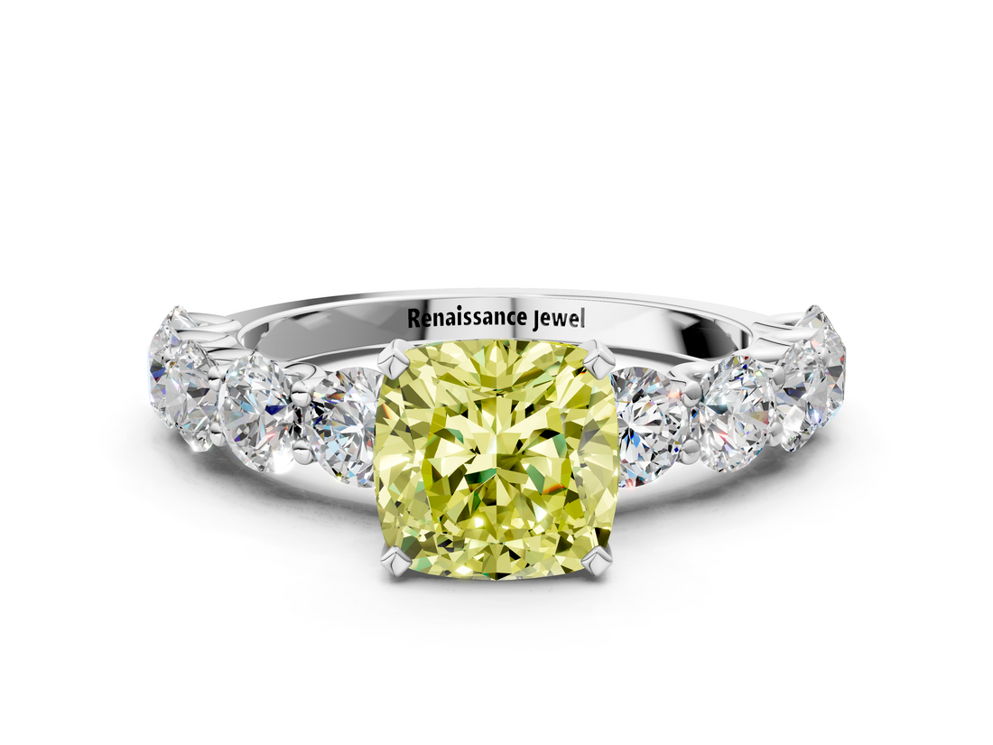 White gold Fancy Yellow Cushion  Diamond Prong Setting with Side Stones on a Pave Band_135