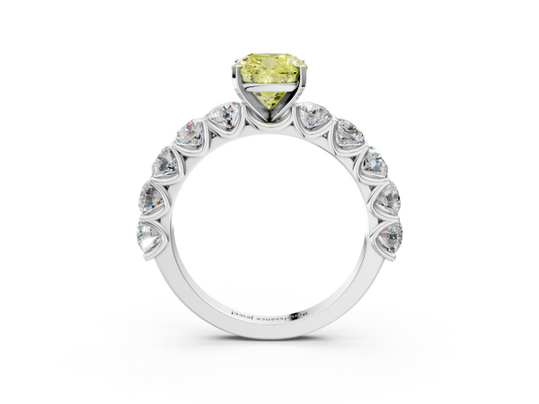 White gold Fancy Yellow Cushion Cut Diamond Prong Setting with Side Stones on a Pave Band
