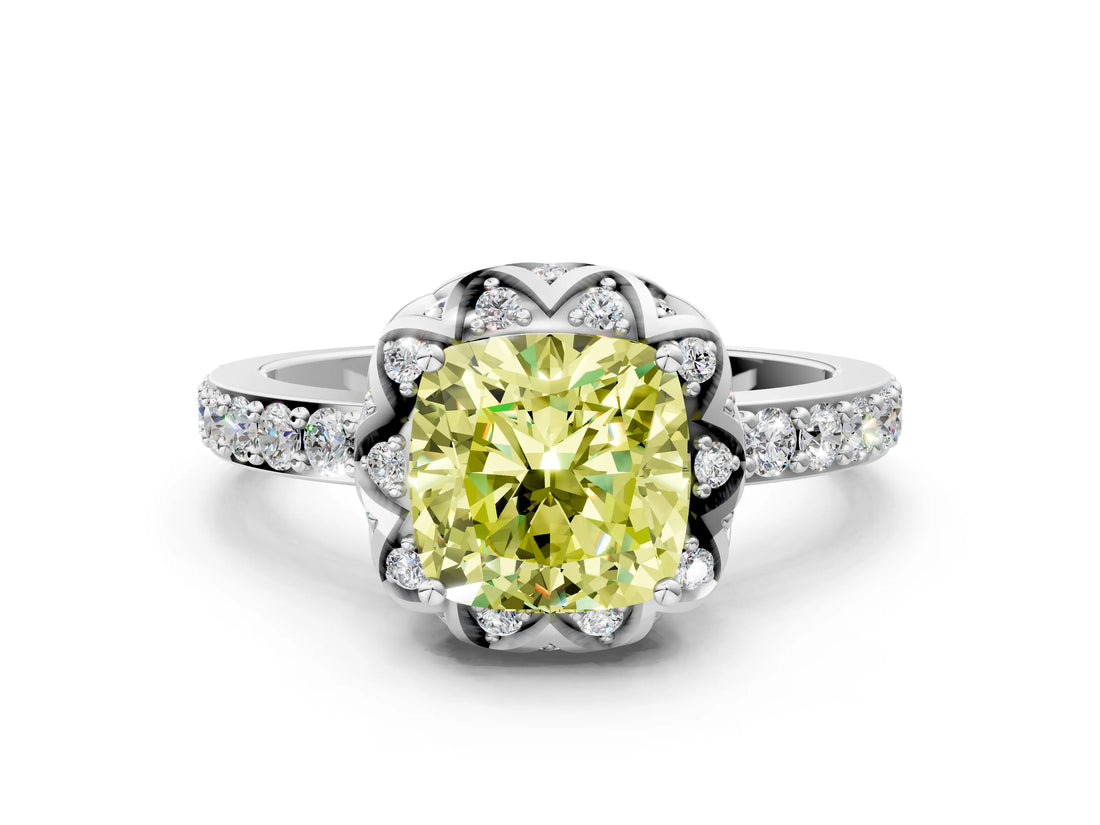 White gold Fancy Yellow Cushion  Diamond Solitaire Ring with Shared Prong Pavé Band_78