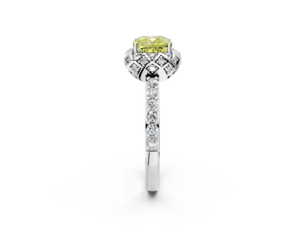 Platinum Fancy Yellow Cushion  Diamond Solitaire Ring with Shared Prong Pavé Band