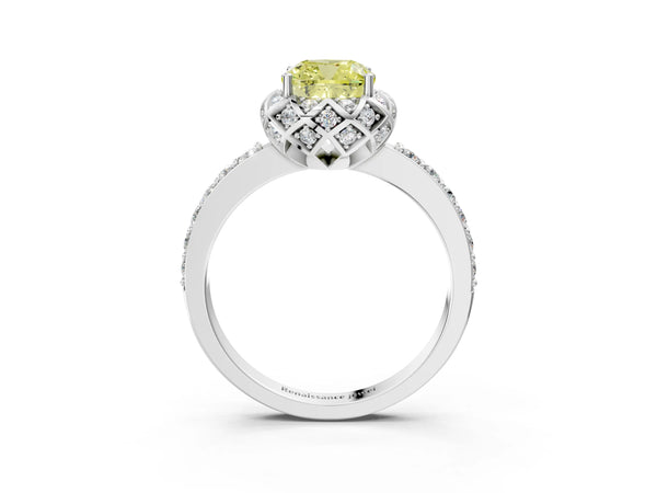 Platinum Fancy Yellow Cushion  Diamond Solitaire Ring with Shared Prong Pavé Band