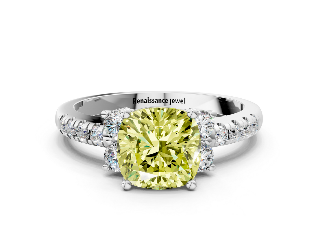 White gold Fancy Yellow Cushion  Diamond Three-Stone Pave Band with Four-Prong Setting_19