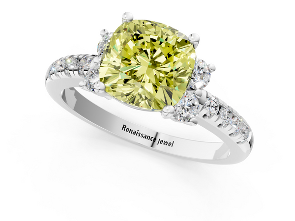 White gold Fancy Yellow Cushion  Diamond Three-Stone Pave Band with Four-Prong Setting
