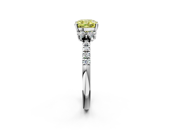 White gold Fancy Yellow Cushion  Diamond Three-Stone Pave Band with Four-Prong Setting