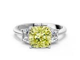 White gold Fancy Yellow Cushion  Diamond Three-Stone Ring with Trapezoid Side Stones and Prong Setting_34