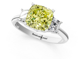 White gold Fancy Yellow Cushion  Diamond Three-Stone Ring with Trapezoid Side Stones and Prong Setting_35