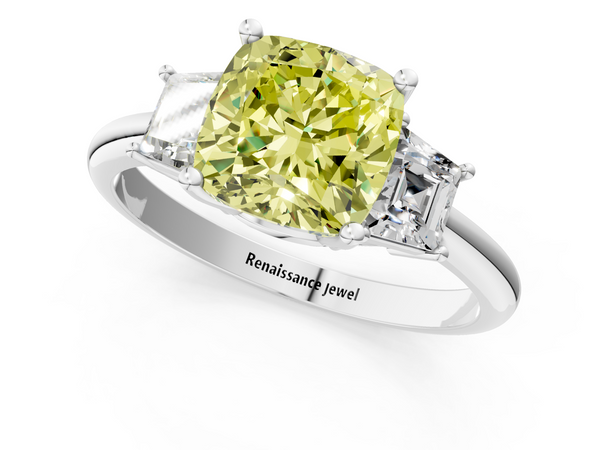 White gold Fancy Yellow Cushion  Diamond Three-Stone Ring with Trapezoid Side Stones and Prong Setting