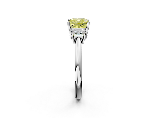 White gold Fancy Yellow Cushion  Diamond Three-Stone Ring with Trapezoid Side Stones and Prong Setting