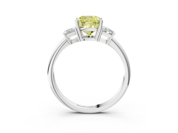 White gold Fancy Yellow Cushion  Diamond Three-Stone Ring with Trapezoid Side Stones and Prong Setting
