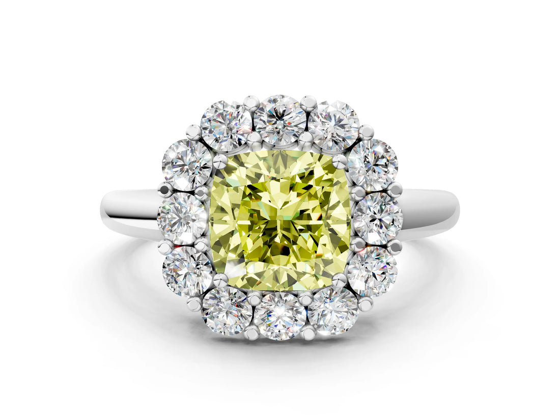 White gold Fancy Yellow Cushion  Halo Cluster Diamond Engagement Ring with Prong Setting and Polished Band_57