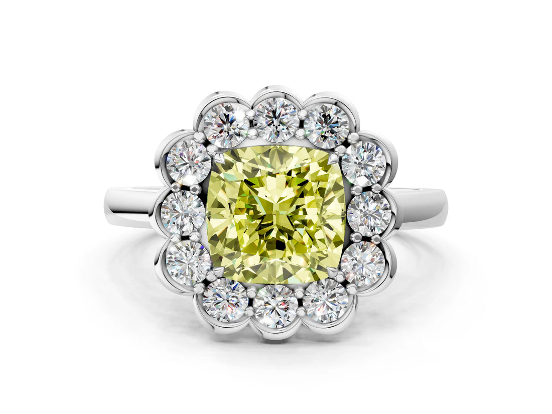 White gold Fancy Yellow Cushion  Halo Cluster Diamond Engagement Ring with Solitaire Band and Prong Setting_49