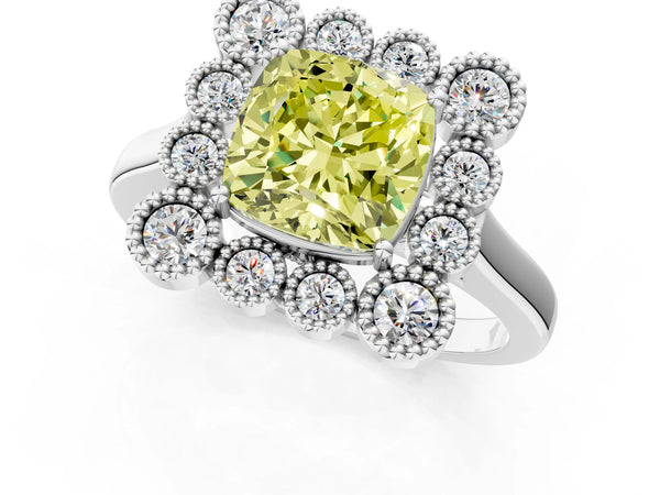 White gold Fancy Yellow Cushion  Halo Diamond Cluster Engagement Ring with Milgrain Bezel Setting and Solitaire Band