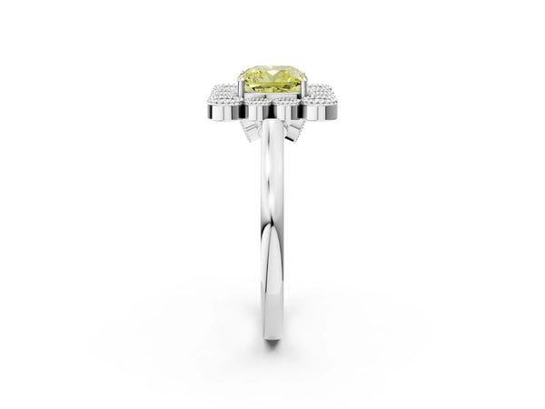 White gold Fancy Yellow Cushion  Halo Diamond Cluster Engagement Ring with Milgrain Bezel Setting and Solitaire Band