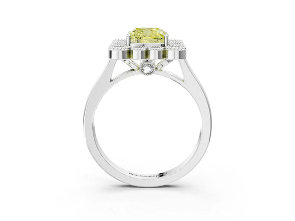 White gold Fancy Yellow Cushion  Halo Diamond Cluster Engagement Ring with Milgrain Bezel Setting and Solitaire Band