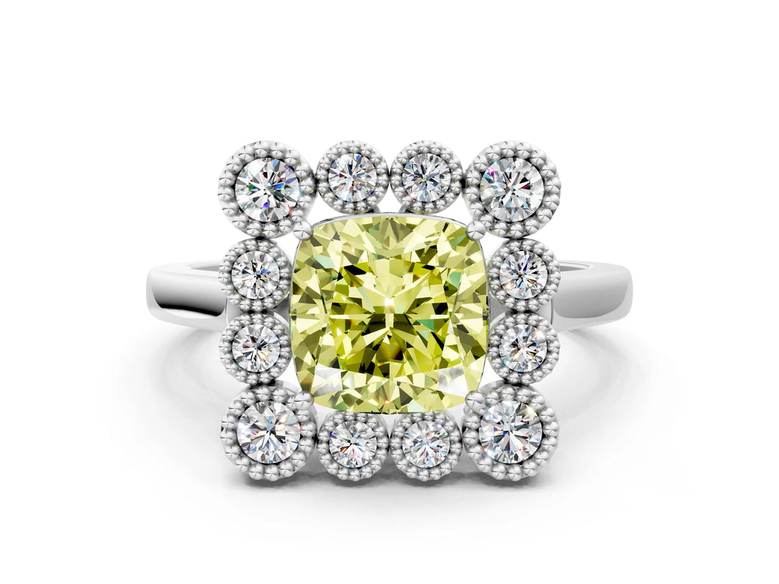 White gold Fancy Yellow Cushion  Halo Diamond Cluster Engagement Ring with Milgrain Bezel Setting and Solitaire Band_128
