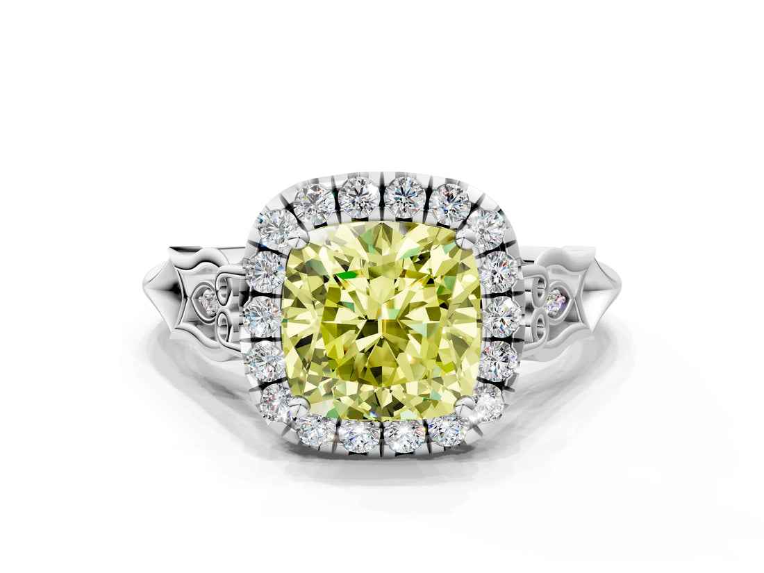 White gold Fancy Yellow Cushion  Halo Diamond Engagement Ring with Filigree Band and Four-Prong Setting_105