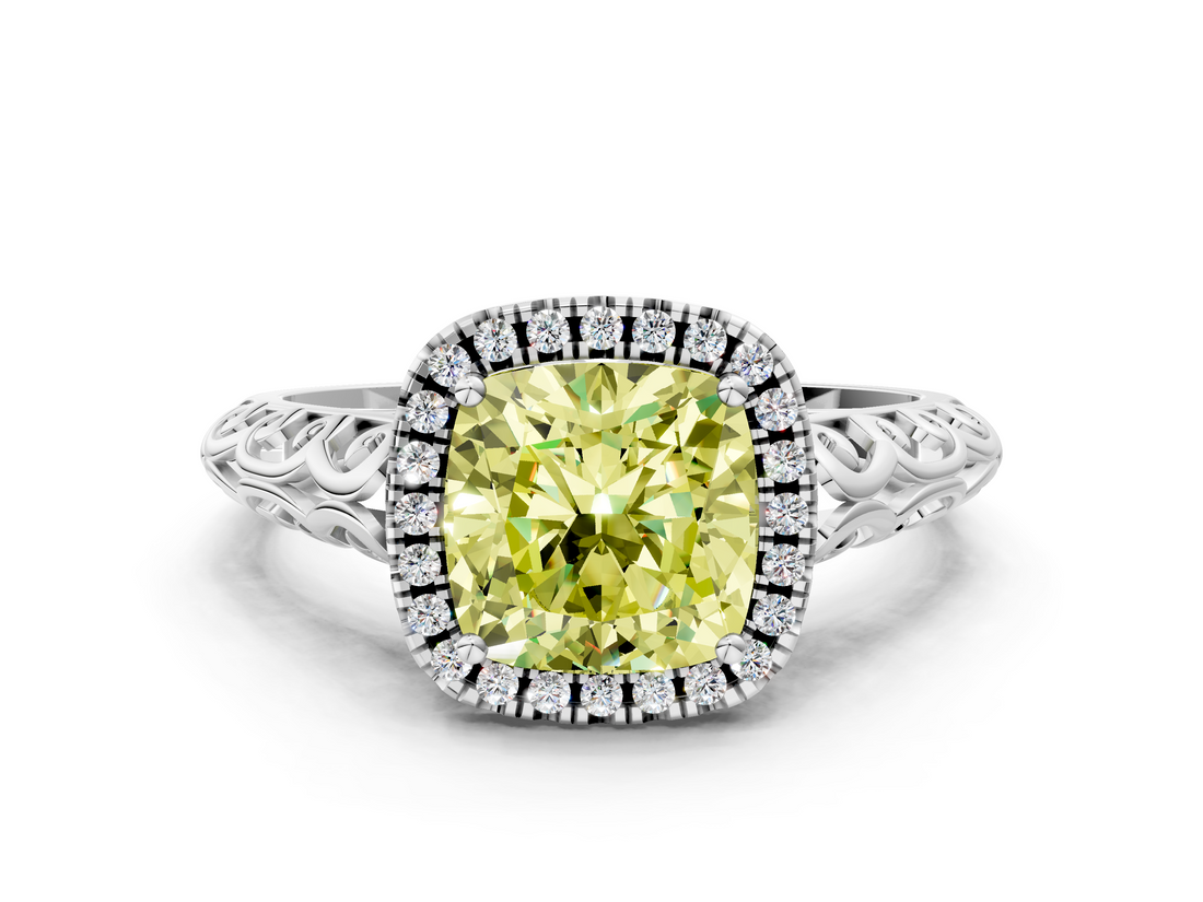 White gold Fancy Yellow Cushion  Halo Diamond Engagement Ring with Intricate Filigree Band and Four-Prong Setting_36