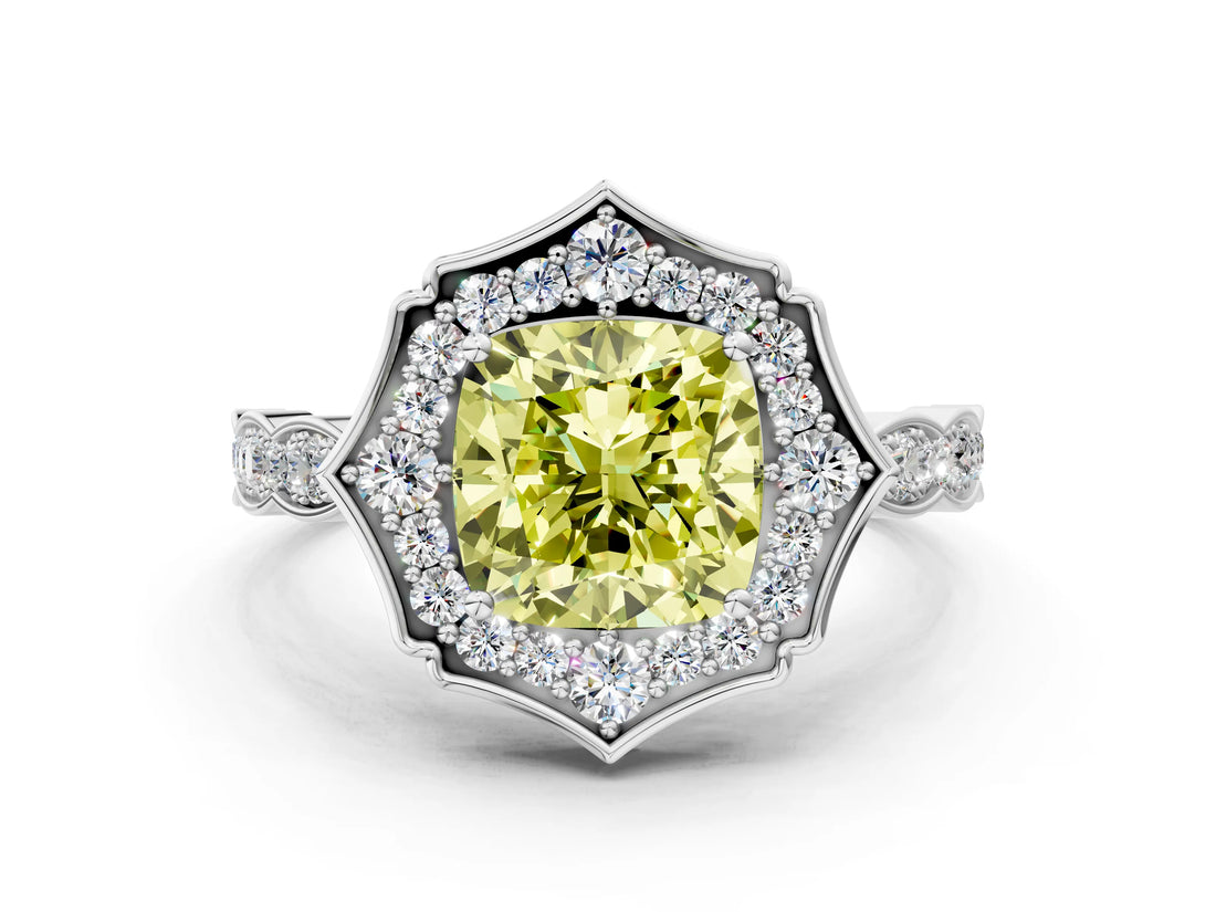 White gold Fancy Yellow Cushion  Halo Diamond Engagement Ring with Milgrain Band and Four-Prong Setting_66