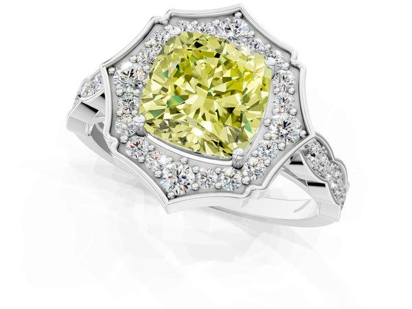Platinum Fancy Yellow Cushion  Halo Diamond Engagement Ring with Milgrain Band and Four-Prong Setting
