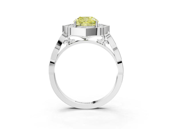 Platinum Fancy Yellow Cushion  Halo Diamond Engagement Ring with Milgrain Band and Four-Prong Setting
