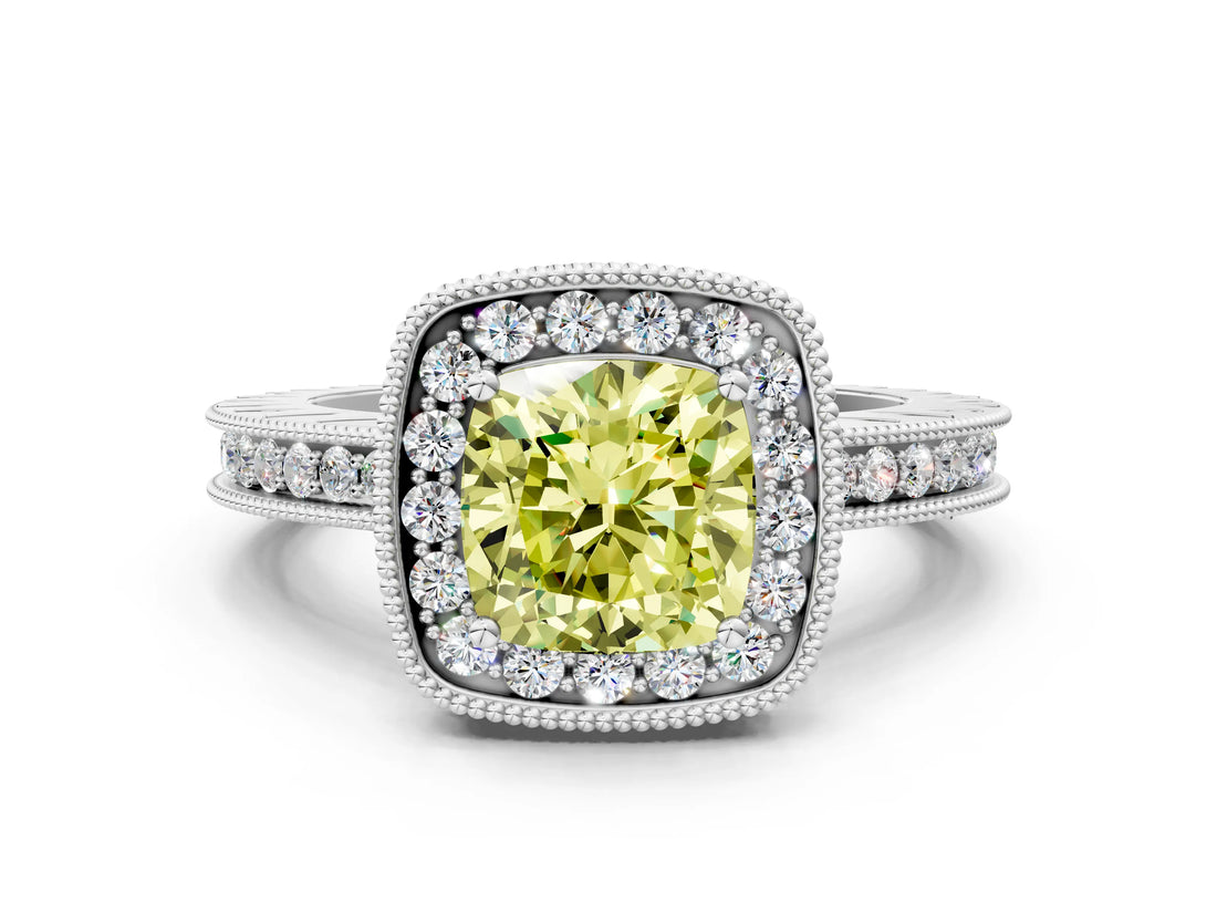 White gold Fancy Yellow Cushion  Halo Diamond Engagement Ring with Milgrain Pave Band and Four-Prong Setting_123