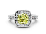 White gold Fancy Yellow Cushion  Halo Diamond Engagement Ring with Milgrain Pave Band and Four-Prong Setting_123