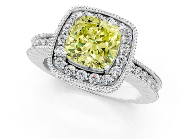 White gold Fancy Yellow Cushion  Halo Diamond Engagement Ring with Milgrain Pave Band and Four-Prong Setting