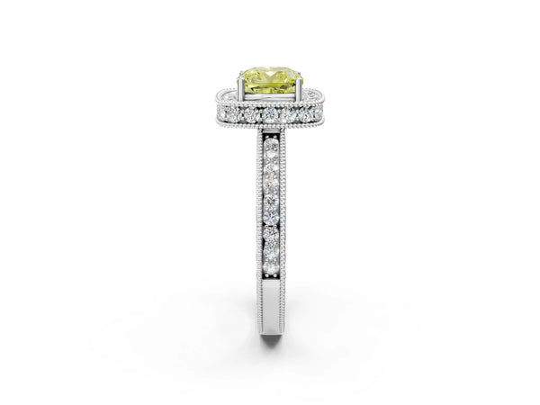 White gold Fancy Yellow Cushion  Halo Diamond Engagement Ring with Milgrain Pave Band and Four-Prong Setting