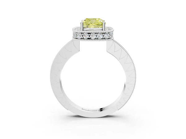 White gold Fancy Yellow Cushion  Halo Diamond Engagement Ring with Milgrain Pave Band and Four-Prong Setting