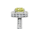 White gold Fancy Yellow Cushion  Halo Diamond Engagement Ring with Milgrain Pave Band and Four-Prong Setting_128