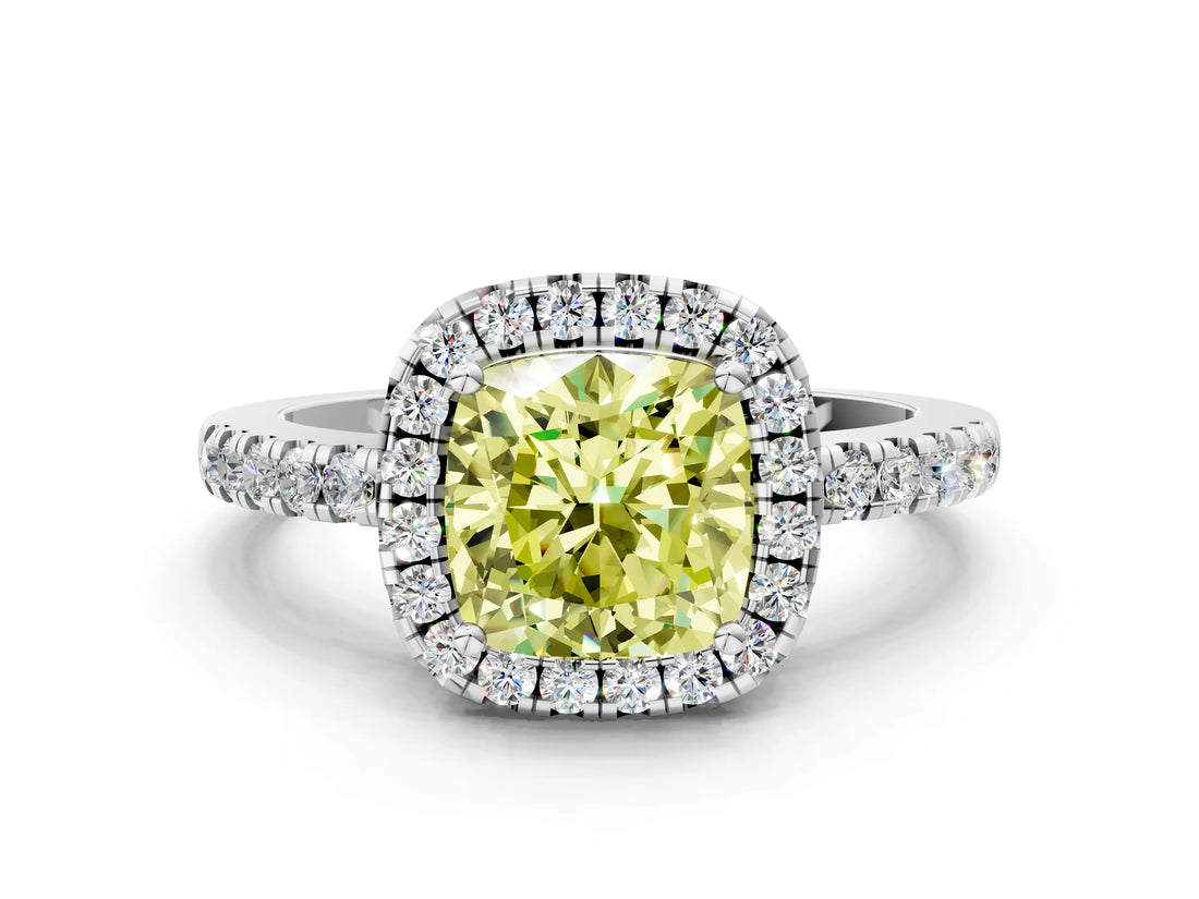 White gold Fancy Yellow Cushion  Halo Diamond Engagement Ring with Pavé Band and Four-Prong Setting_105