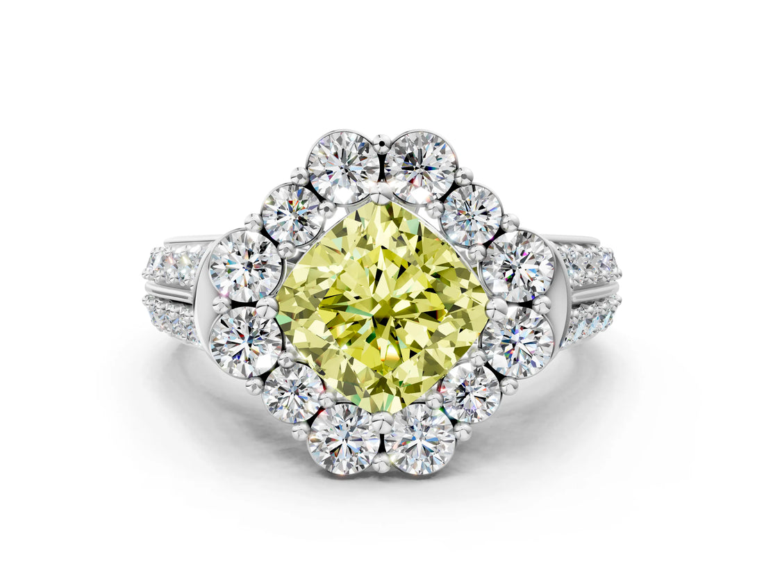 White gold Fancy Yellow Cushion  Halo Diamond Engagement Ring with Split Shank and Prong Setting_66