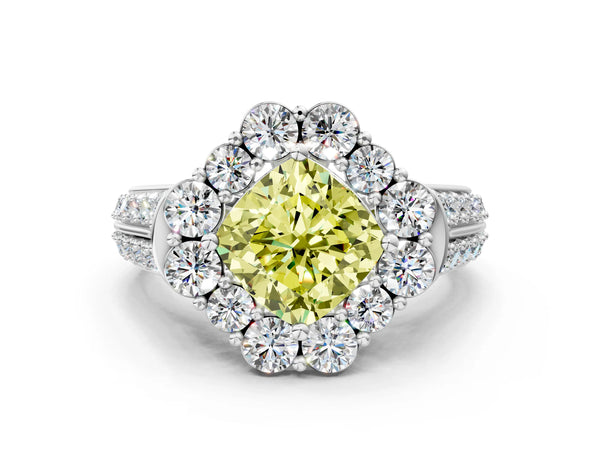 White gold Fancy Yellow Cushion  Halo Diamond Engagement Ring with Split Shank and Prong Setting