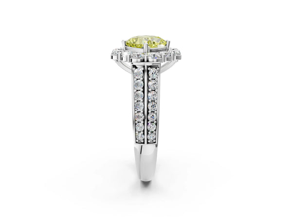 White gold Fancy Yellow Cushion  Halo Diamond Engagement Ring with Split Shank and Prong Setting