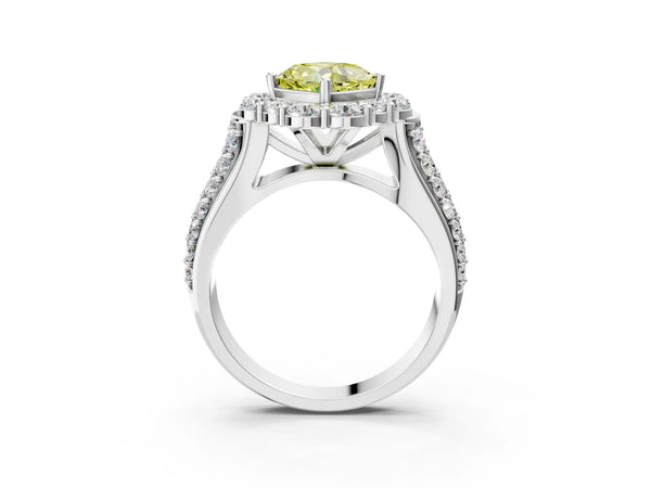 White gold Fancy Yellow Cushion  Halo Diamond Engagement Ring with Split Shank and Prong Setting