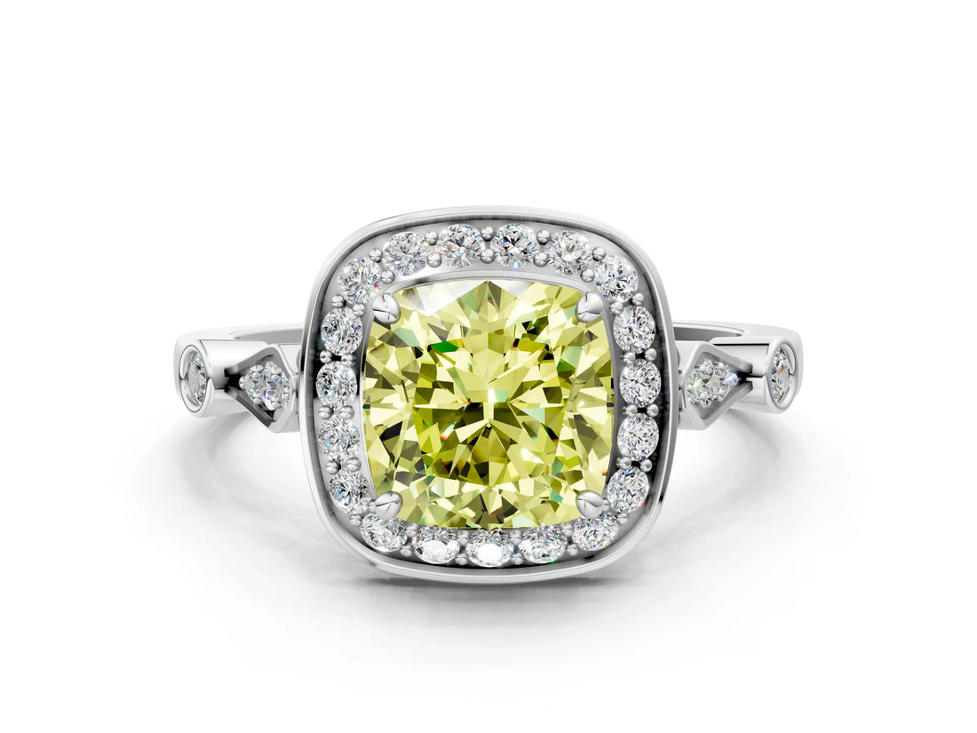 White gold Fancy Yellow Cushion  Halo Diamond Engagement Ring with Twisted Band and Four-Prong Setting 1
